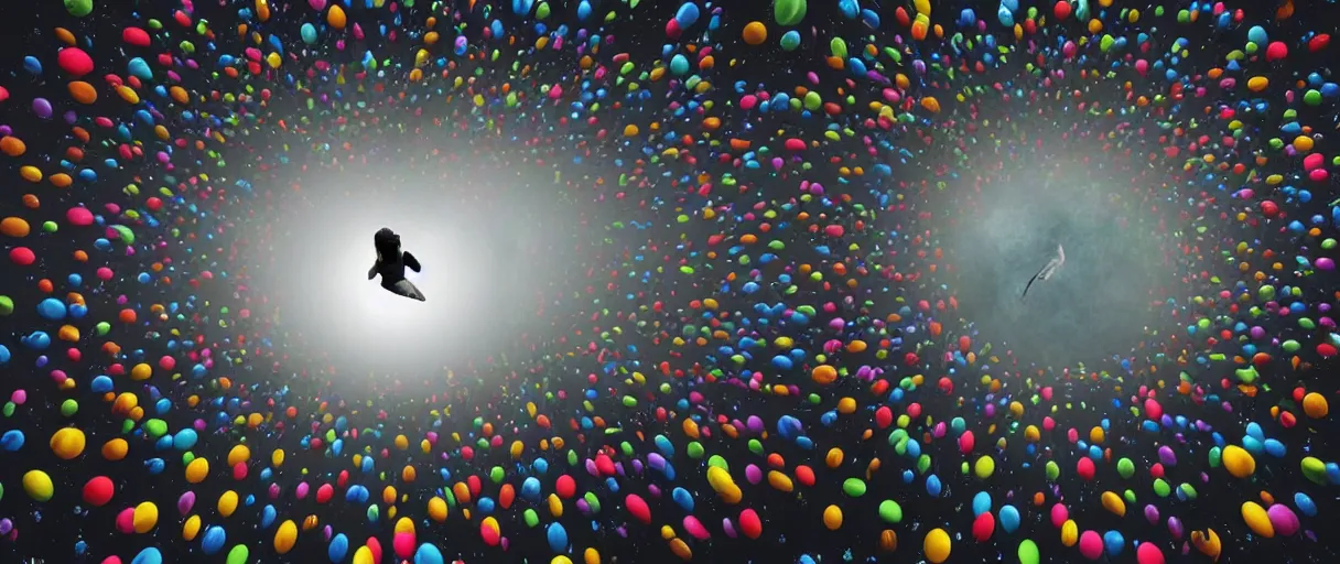 Image similar to people flying into the abyss, black hole, abyss, on balloons, happy and satisfied, hyper realistic