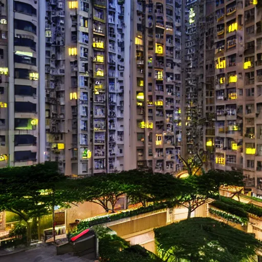 Prompt: hong kong apartment complex courtyard at night, photography