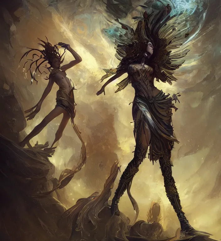 Image similar to full body illustration of a goddess, tarot card, dark souls colour scheme, establishing shot, coherent, high detailed, kerem beyit, Karol Bak, peter mohrbacher featured on artstation