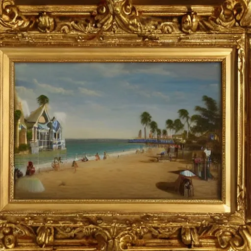 Prompt: Baroque oil painting of a Victorian beach resort, realistic, highly detailed