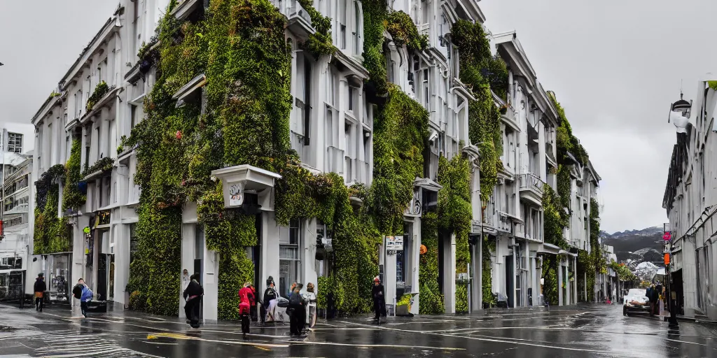 Image similar to a street in wellington new zealand where multiple buildings are covered in living walls made of endemic new zealand plant species. patrick blanc. people walking on street in raincoats. cars parked. windy rainy day. colonial houses