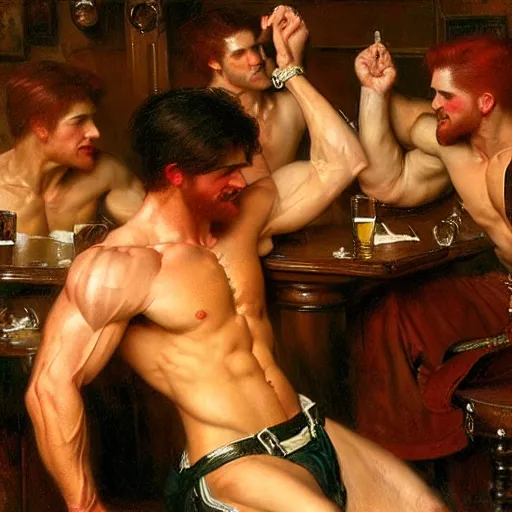 Image similar to attractive muscular male with red hair with muscular attractive male with black hair, drinking their hearts out, in a pub. very defined and highly detailed painting by gaston bussiere, j. c. leyendecker, craig mullins 8 k