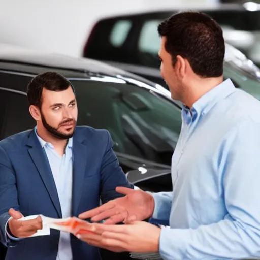Prompt: car salesman pitching bad cannabis to an unsuspecting customer
