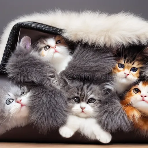 Image similar to lots of furry cute cats inside a big handbag, the handbag is over a wood table, stock photo, gray background, studio lighting, detailed photo, 4 k, 8 k