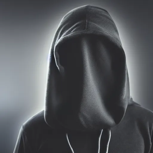 Image similar to realistic photo of hacker, black background, hood, face doesn't visible, computer, extremely detailed, sharp focus, front view, minimalism, masterpiece,