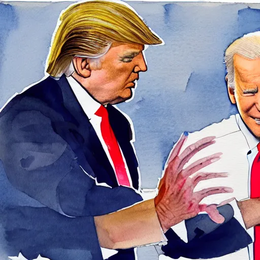 Image similar to donald trump and joe biden at a pyjama party, watercolor