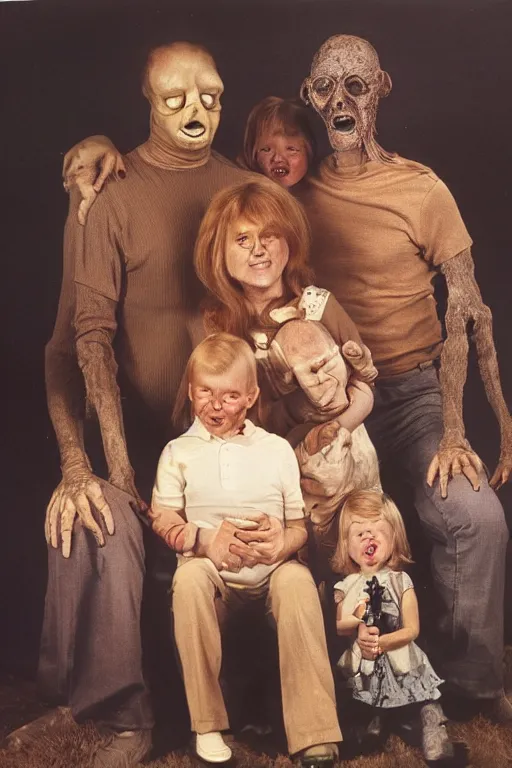 Image similar to mugwump mutant family photo, 1 9 7 0 s, olan mills studio, creepy, scary, nightmare, color, grotty, ugly, terrified