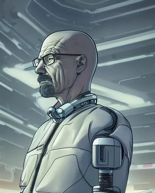 Image similar to portrait of walter white as a robot, cybernetic enhancements, art by makoto shinkai and alan bean, yukito kishiro