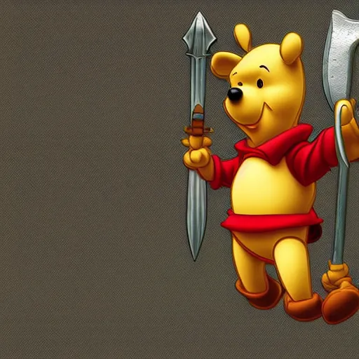 Image similar to Winnie the Pooh holding a giant sword, hd, intricate, Kingdom Hearts, 8k, digital art