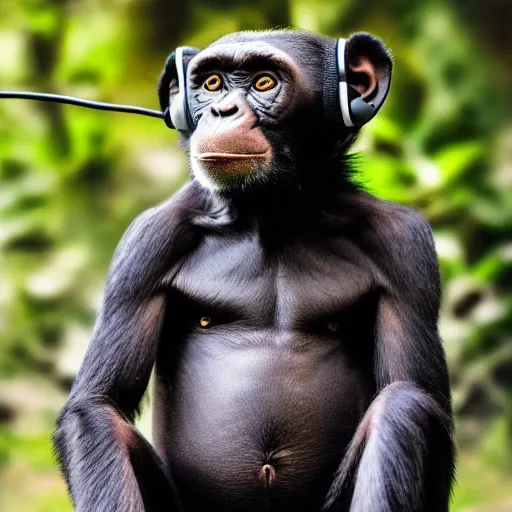 Image similar to a high quality photo of a green chimp wearing headphones, realism, 8k