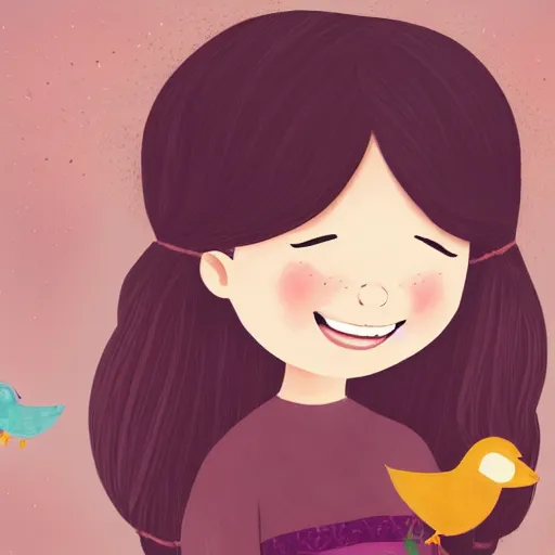 Prompt: a beautiful storybook illustration of cute little girl smiling with the little cute birds flying around her head, trending on artstation