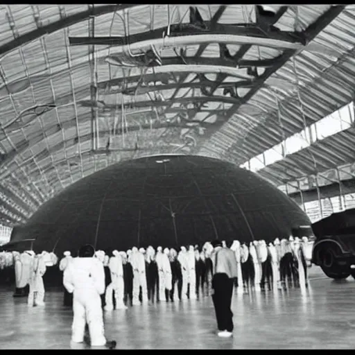 Prompt: flying saucer, ufo, alien ship inside a hanger, old photo, vintage photo, grainy, realistic, real photo, men in hazmat suits standing around