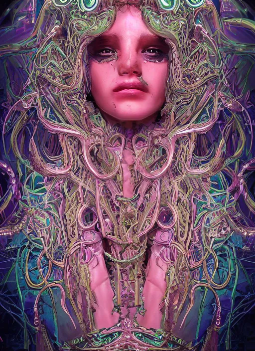 Image similar to ultradetailed ornate cyberpunk sci-fi RPG character illustration of a beautiful symmetric Medusa radiating a majestic glowing aura, intricate smooth fantasy digital painting, concept art, sharp focus, deep neon-noir tones, 3d rim light, Kodakchrome, hyperrealistic, photorealistic, artstation, cgsociety