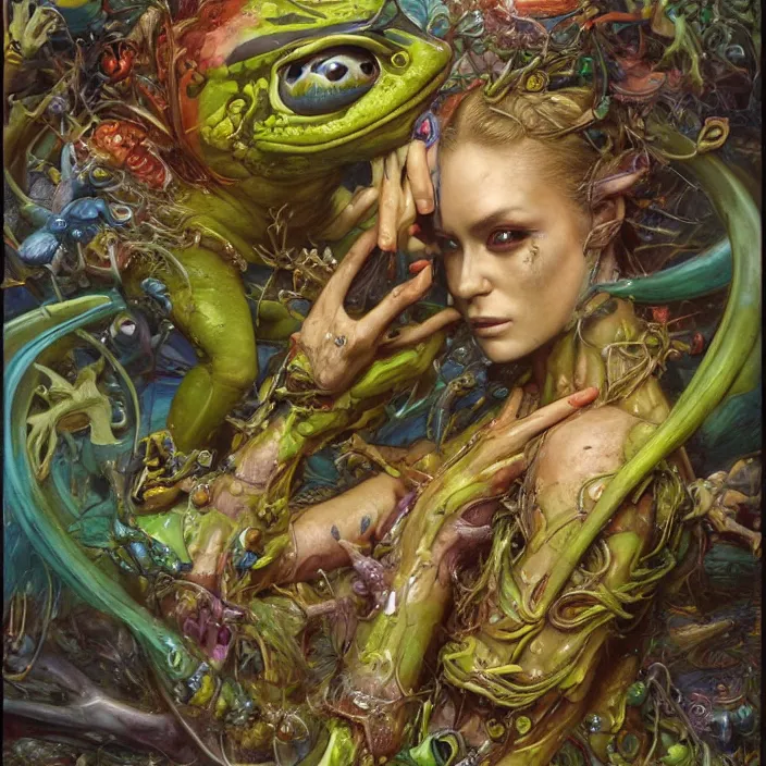 Image similar to a portrait photograph of a beautiful brightly colored amphibian female with wet mutated skin. she wearing a tactical suit and has many body modifications. by tom bagshaw, donato giancola, hans holbein, walton ford, gaston bussiere, brian froud, peter mohrbacher and magali villeneuve. 8 k, fashion editorial, cgsociety