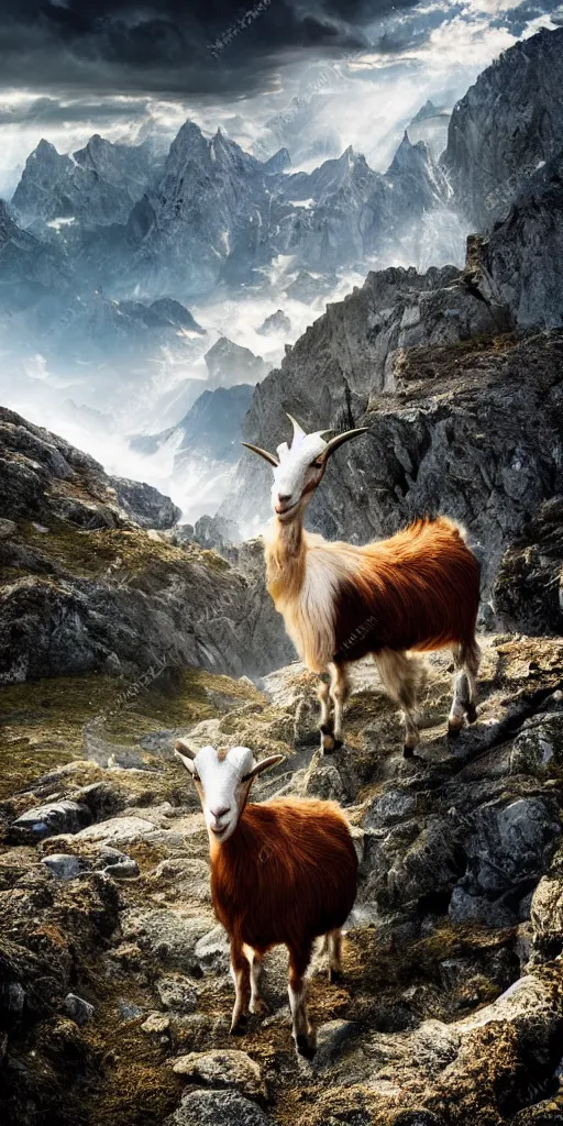 Prompt: a surreal painting of a goat in alpine mountains, photorealistic, cinematic, dramatic, vivid, dark and beautiful, higly, civilized, cinematic lighting