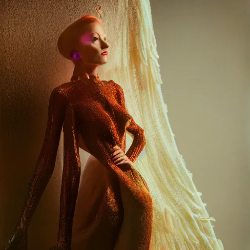 Image similar to Fashion photography of a woman wearing an outfit inspired by alien life, artistic photography, cinematic lighting, insanely detailed, chiaroscuro, cinestill 800t, Vogue magazine