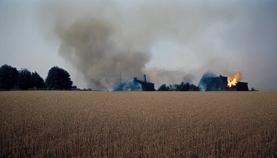 Image similar to 1 9 7 0 s movie still of a burning french house in a wheat field, cinestill 8 0 0 t 3 5 mm, high quality, heavy grain, high detail, texture, dramatic light, ultra wide lens, panoramic anamorphic, hyperrealistic