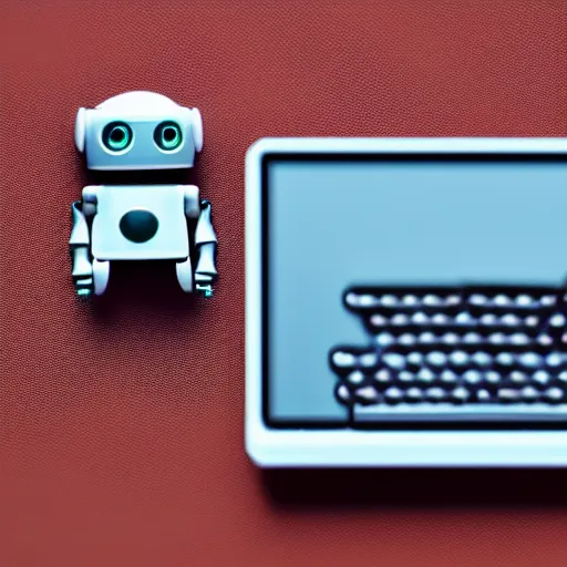 Image similar to a very tiny cute robot using the internet on a laptop to write a love letter