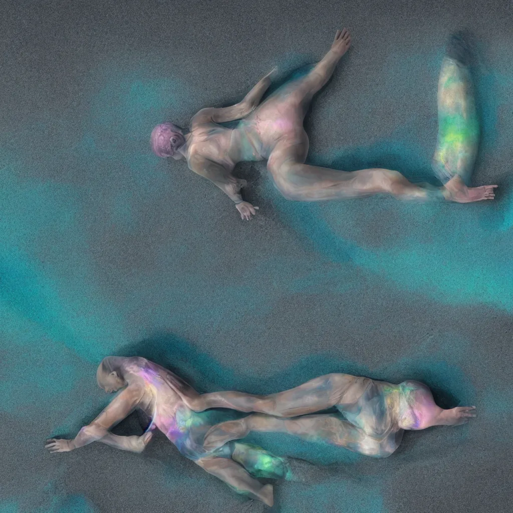 Image similar to overhead view of iridiscent oil slick and eroded stones with a woman's corpses connected by a transparent pipe to a baby buried relaxing on yoga mat, faded, gradient, depth of field, ultra realistic, very detailed, glitch, by nadav kander, 8 k hyper realistic detailed cinematic