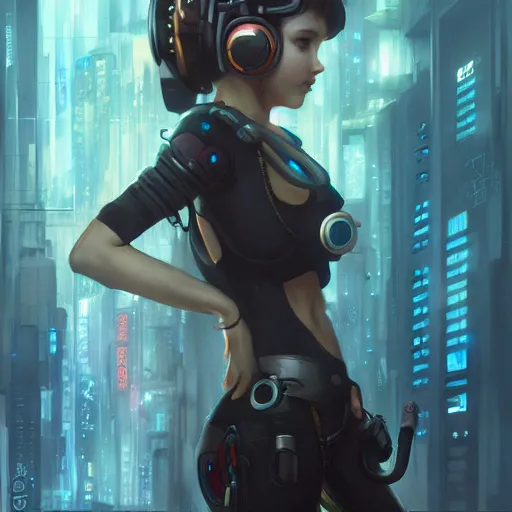 Image similar to cyberpunk girl with headset, with techware, intricate, elegant, highly detailed, digital painting, japanese, unreal engine 5, trending on artstation, concept art, studio ghibli, illustration, art by artgerm and greg rutkowski and alphonse mucha