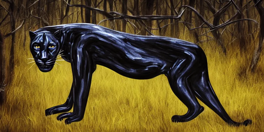 Image similar to a panther, made of smooth black goo, prowling through the forest, viscous, sticky, full of tar, covered with black goo. concept art, painting, animal drawing, color, savanna, wildlife photography, black goo, cinematic, in the style of alan m hunt