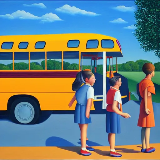 Prompt: schoolbus and children, blue sky, summer evening, a painting by kenton nelson - 9