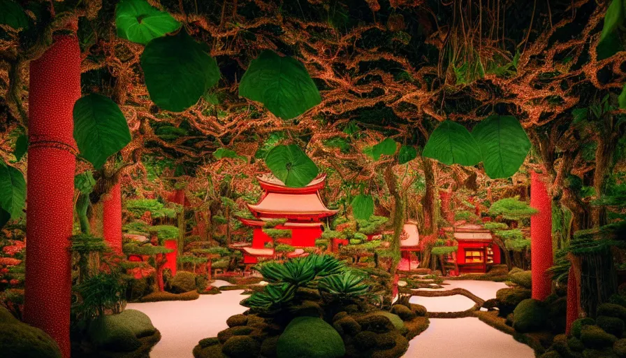 Prompt: Dreamy photo of a very cozy surreal magical Japanese temple, lush plants, in the style of Gucci, photographed by Petra Collins and Wes Anderson, glowing lights, magic details, very detailed, 8k, cinematic look,, very detailed