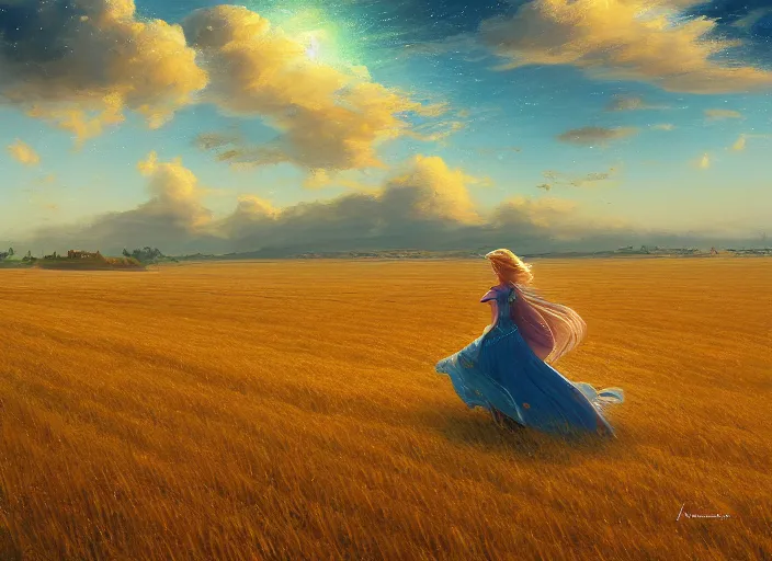 Image similar to a lone princess walks through a vast wheat field in the cosmic sky by vladimir volegov and alexander averin and peder mørk mønsted and guweiz and raphael lacoste