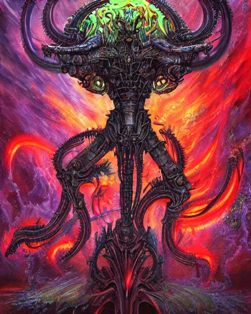 Prompt: charred bloody fleshmetal cyborg daemonhost psychedelic rainbow flamer of tzeentch, by antonio j. manzanedo, giger, alex grey, android jones, wayne barlowe, philippe druillet, raymond swanland, cyril rolando, josephine wall, harumi hironaka, cronenburg, trending on artstation