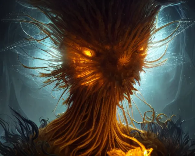 Image similar to 4 k cinematic still portrait of a bipedal dandelion monster in a dark liminal space room, amber glow, deep focus, d & d, fantasy, intricate, elegant, highly detailed, digital art, art station, concept art, matte, sharp focus, illustration, dark fantasy art, hearthstone, art by artgerm and greg rutkowski and alphonse mucha