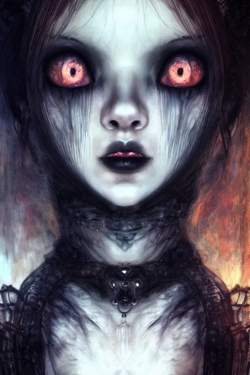 Image similar to Gothic girl dreamy close face portrait, dark background. digital art. amazing quality. perfect lighting. Professional design. Great composition. by Annie Leibovitz and Ayami Kojima and Tomoyuki Yamasaki and Tsutomu Nihei, octane render, award winning art. impressive colors. trending on artstation. James Ensor style