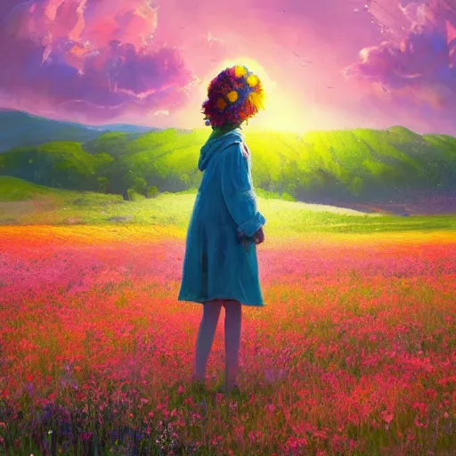 Image similar to girl with a flower face, surreal, bizzare, dreamlike, standing in flower field, in a valley, sunrise dramatic light, impressionist painting, colorful clouds, artstation, simon stalenhag