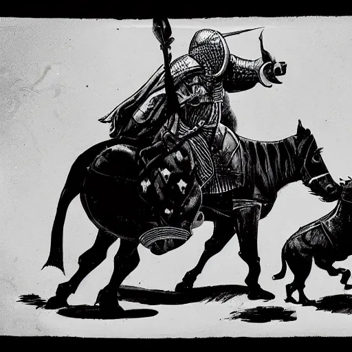 Prompt: A knight using a tapir as a steed, the tapir has a long snout. Dark Fantasy, Film Noir, Black and White. High Contrast, Mike Mignola, D&D, OSR