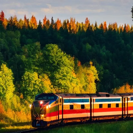 Prompt: train, touring Quebec, trees, scenery, artistic, hyper realistic, golden hour lighting