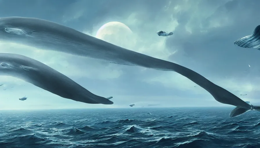 Prompt: Movie scene of group of flying blue whales towards the moon, hyperdetailed, artstation, cgsociety, 8k