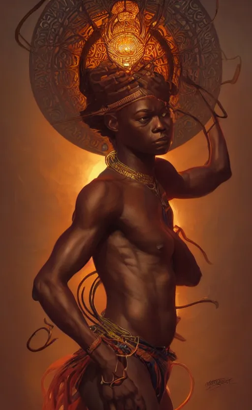 Image similar to the god anansi, african mythology, intricate, upper body, highly detailed, digital painting, artstation, concept art, sharp focus, cinematic lighting, illustration, art by artgerm and greg rutkowski, alphonse mucha, cgsociety