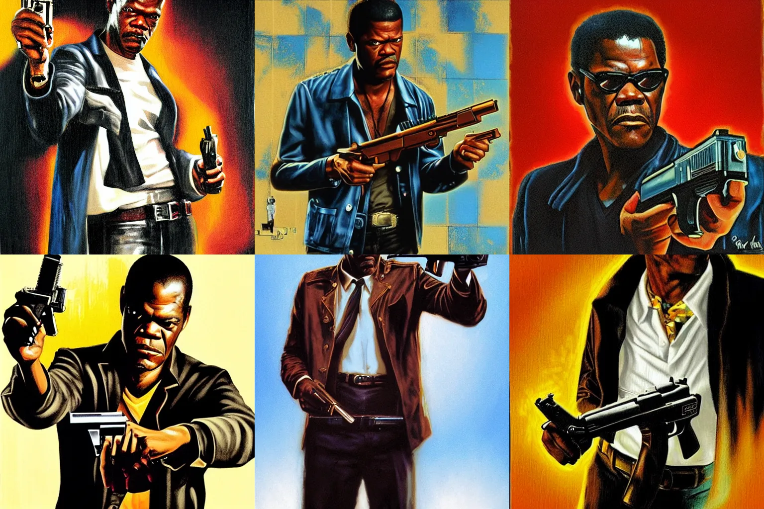 Prompt: Pulp Fiction artwork by Drew Struzan of Samuel Jackson with pistol, full of details