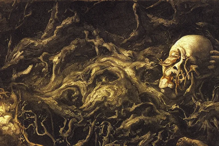 Image similar to the earth eats itself, detailed baroque oil painting, dark, disturbing by goya and alan lee, smoke, hell on earth