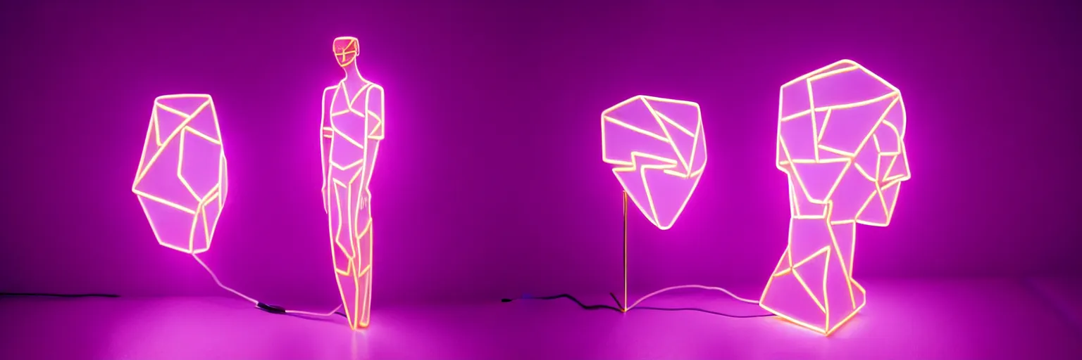 Image similar to beautiful mannequin sculpted out of amethyst by billelis + lit with geometric neon + kintsugi, facing a doorway opening with neon pink geometric light + gold geometric cubed bonsai trees, clean linework, dramatic, finely detailed, rule of thirds, moody, award winning, 4 k, trending on artstation, photorealistic, volumetric lighting, octane render