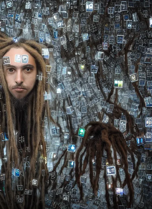 Image similar to man with dreadlocks in a room with many screens of different sizes and styles, his hair is like cables that keep him connected to all the screens and to the interplanetary network. on the screens there are images of him, of cities, planets and glitches, cosmic tech conceptual dystopian art