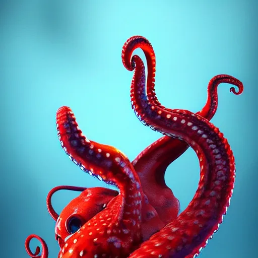 Image similar to portrait of red octopus, sly, cunning, blue background, pixar style animation 3d extremely gloomy lighting, atmospheric, cinematic, detailed illustration unreal Engine, 8K