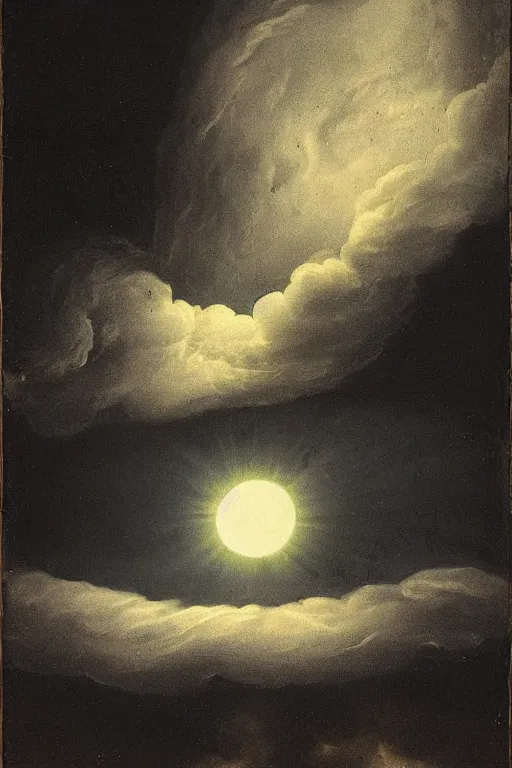 Image similar to a striking beautiful black stormy and cloudy sky with the halo of a black hole shining through, eclipse by michele marieschi, italian 1 7 1 0 - 1 7 4 3