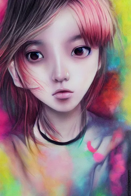 Prompt: pop surrealism, lowbrowart, realistic cute girl painting, hyper realism, japanese street fashion, muted colors