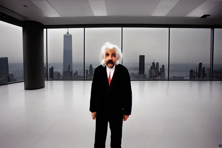 Prompt: 14mm Albert Einstein color portrait photo in World Trade Center complex, by Emmanuel Lubezki