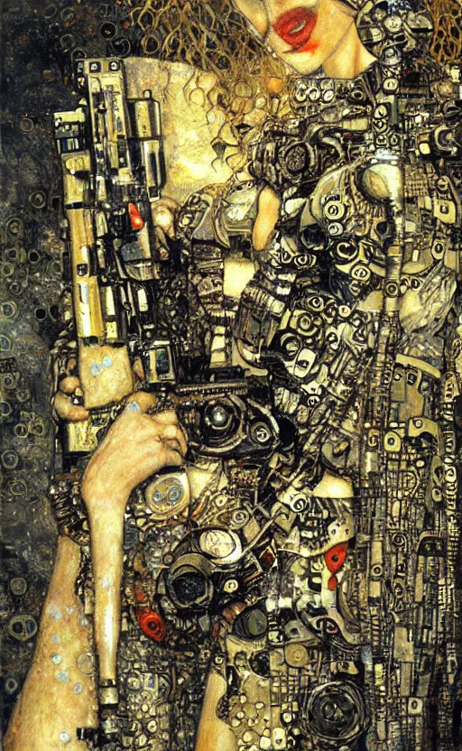 Image similar to cybernetic female supersoldier armed with laser rifle, intricate detail, klimt, royo, whealan,