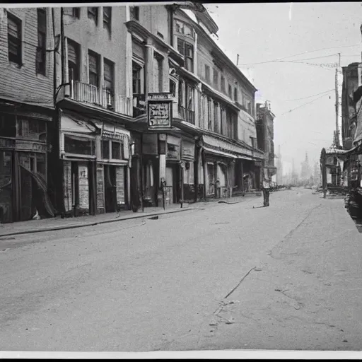 Image similar to city street at 1 9 3 0 s. low angle. old photo