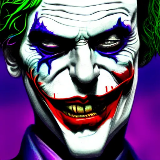 Image similar to An extremely psychedelic portrait of The Joker, surreal, LSD, face, detailed, intricate, elegant, lithe, highly detailed, digital painting, artstation, concept art, smooth, sharp focus, illustration