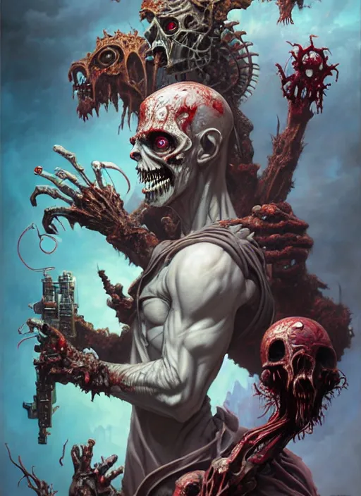 Prompt: zombie good and evil fantasy character portrait, ultra realistic, wide angle, intricate details, the fifth element artifacts, highly detailed by peter mohrbacher, hajime sorayama, wayne barlowe, boris vallejo, aaron horkey, gaston bussiere, craig mullins