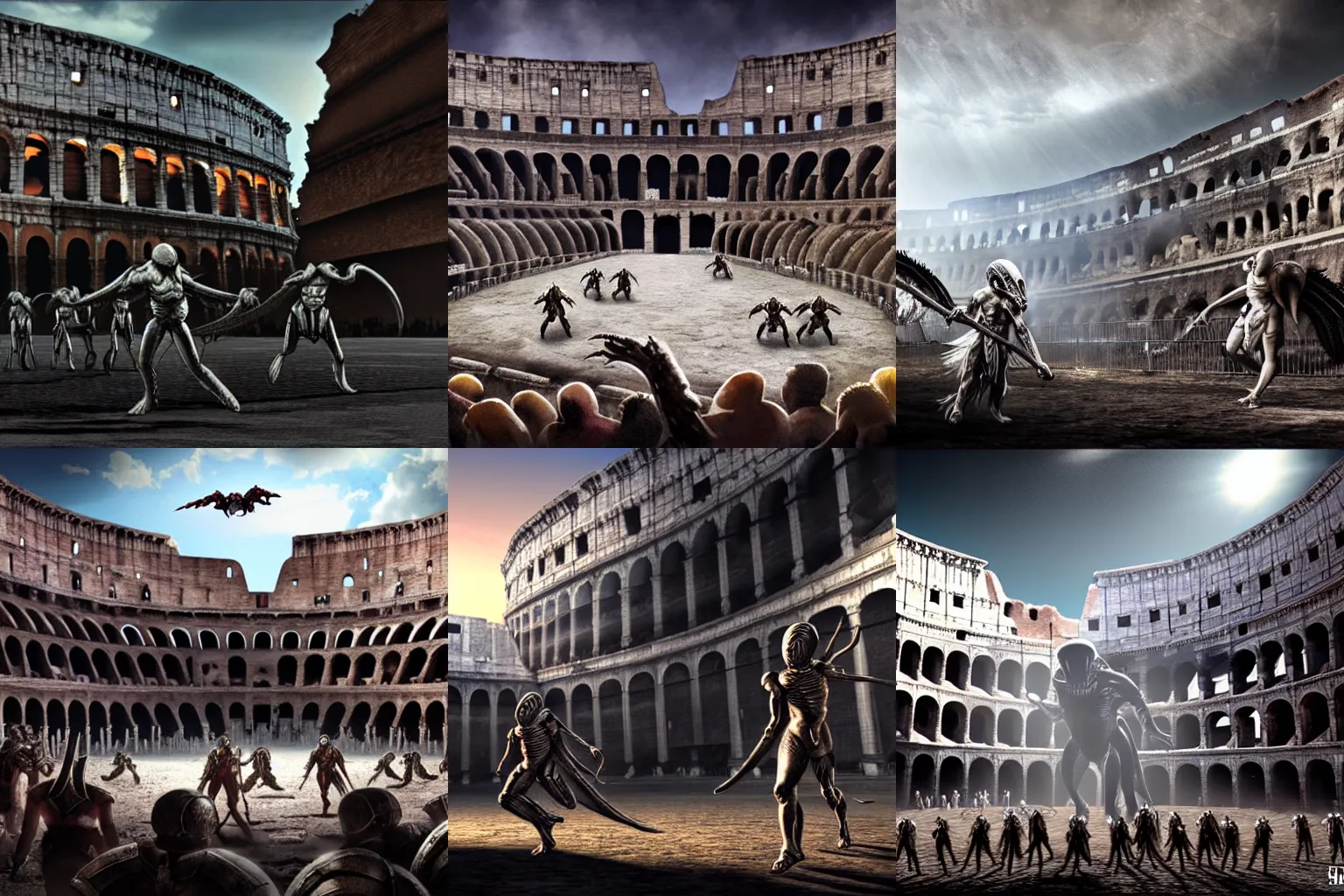 Prompt: concept art of a gladiator flighting (alien) monsters in the colosseum, UE5, 4k