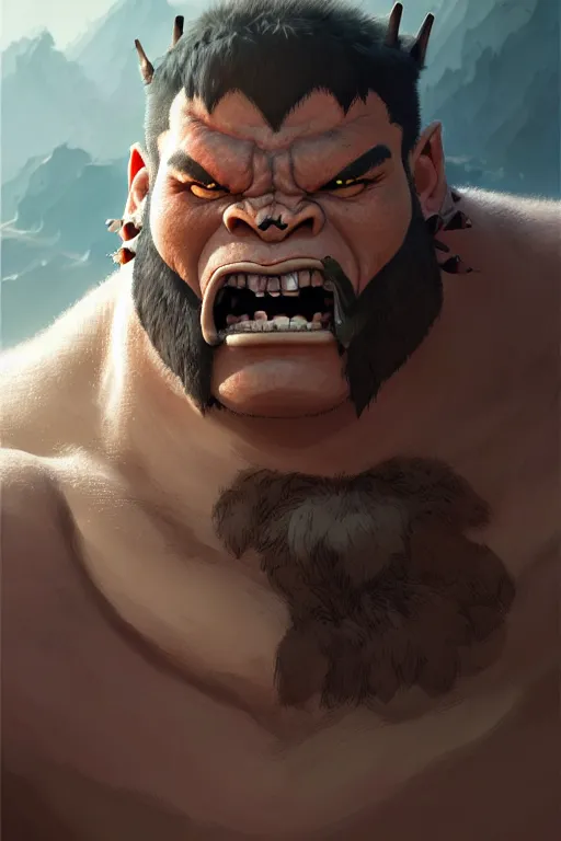 Image similar to orc barbarian male, finely detailed perfect face, exquisite details, earth magic, mid view, design on a white background, by studio muti, greg rutkowski makoto shinkai takashi takeuchi studio ghibli